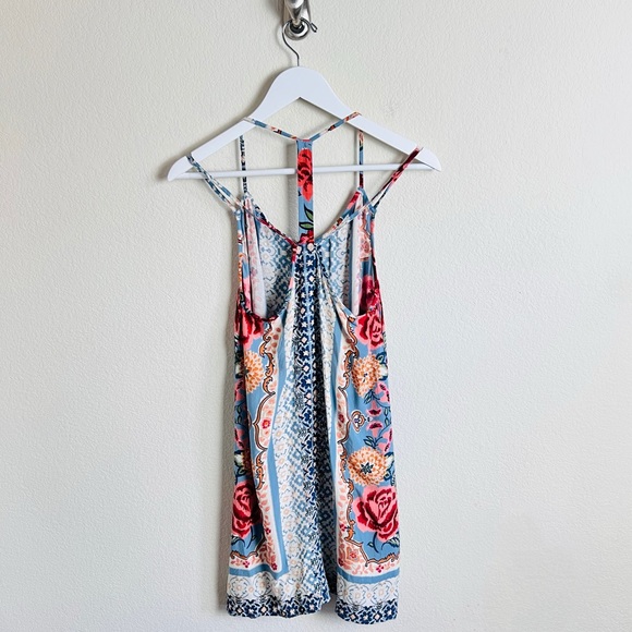 Cream & Bright Floral Mixed Print Linen Strappy Boho Shift Mini Dress - Picture 4 of 11